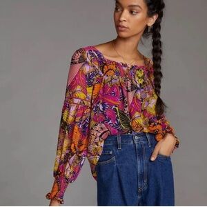 Anthropologie | Multicolor Butterfly Long Sleeve Square Neck Blouse Size XS